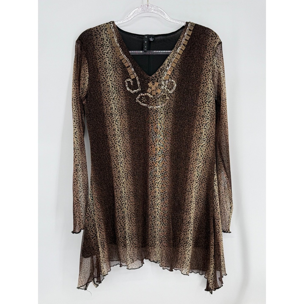 Azi‎ Jeans Women Brown Animal Print Beaded V-Neck Mesh Tunic Top Sz L